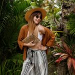 fashion image sexy graceful woman straw hat posing tropical palm leaves
