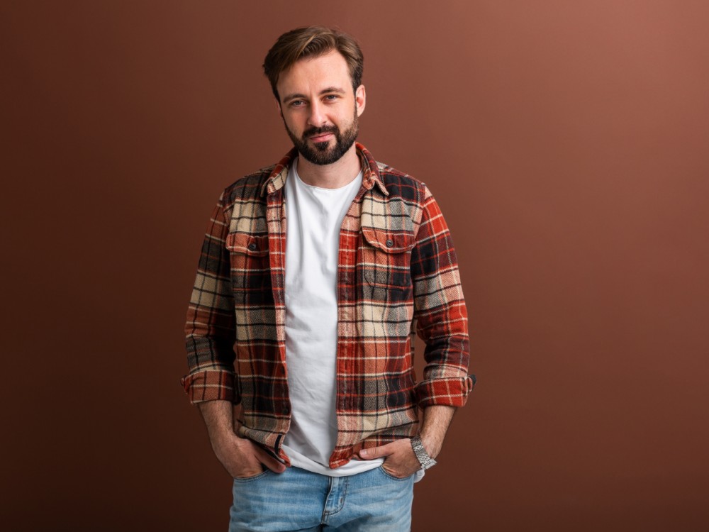 portrait handsome attractive stylish bearded man brown