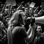 protester with megaphone addressing crowd supporters