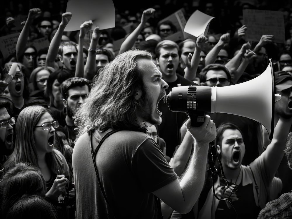 protester with megaphone addressing crowd supporters
