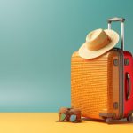 suitcase straw hat yellow blue background