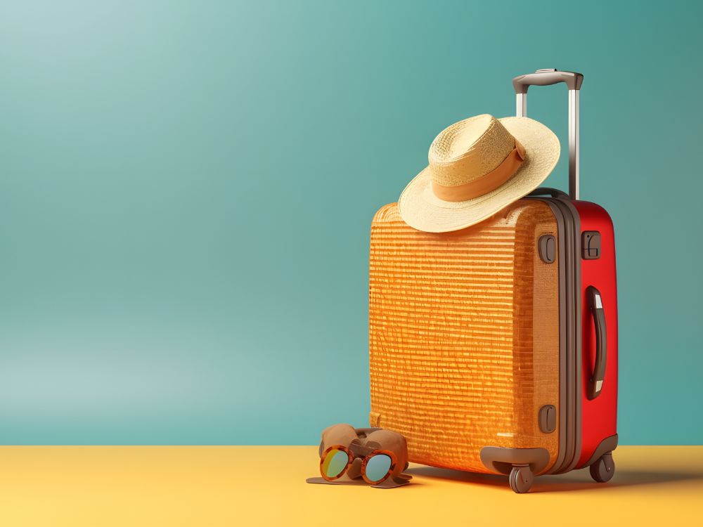 suitcase straw hat yellow blue background