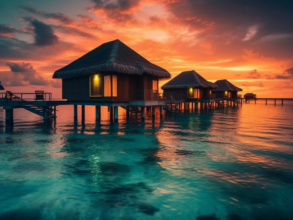 tranquil bungalow reflection silhouettes caribbean sunset beauty generated by ai1