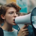 young adult speaker announces message crowd generated by ai