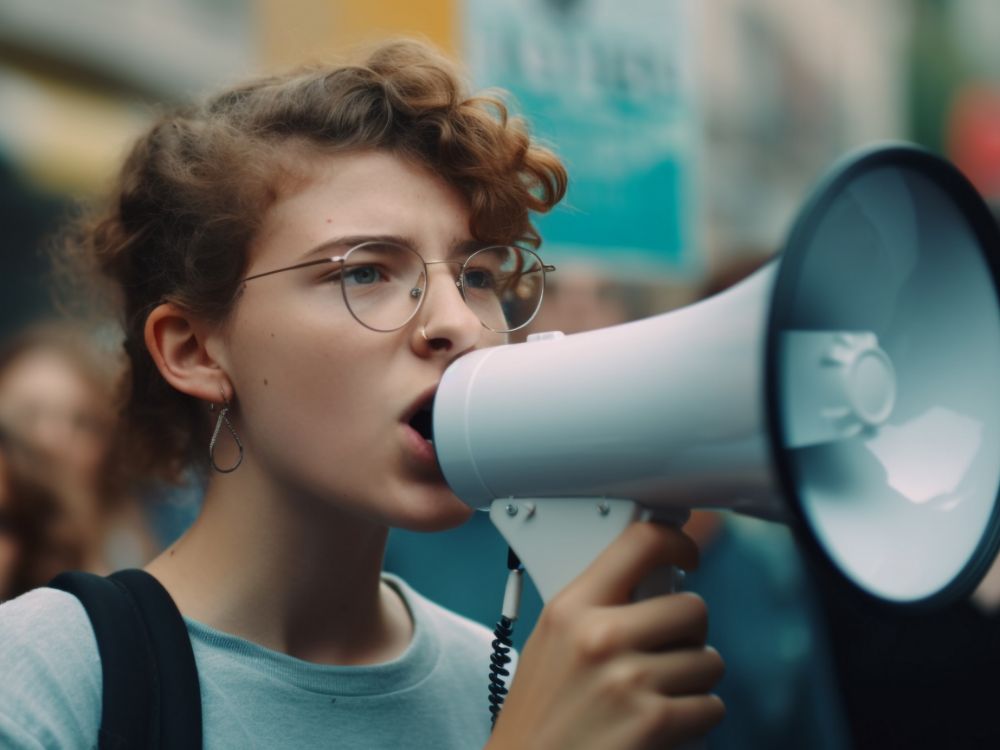 young adult speaker announces message crowd generated by ai